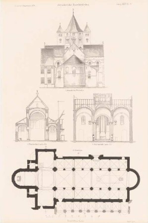 Abteikirche Knechtsteden, Dormagen: Grundriss, Ansicht von Westen, Schnitt AB, Schnitt CD (aus: Atlas zur Zeitschrift für Bauwesen, hrsg. v. G. Erbkam, Jg. 24, 1874)