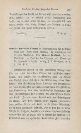 685-689 [Rezension] Brockhaus, Clemens Friedrich, Aurelius Prudentius Clemens in seiner Bedeutung für die Kirche seiner Zeit
