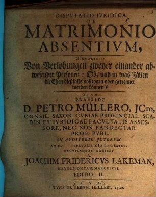 Disp. iur. de matrimonio absentium