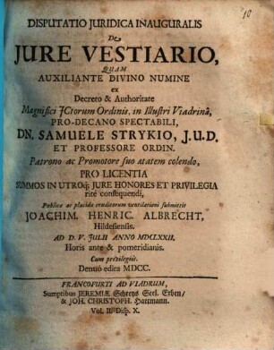 Disputatio Iuridica Inauguralis De Iure Vestiario