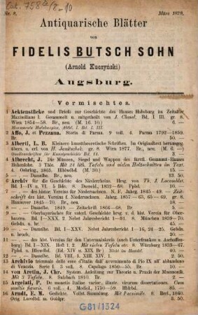 Antiquarische Blätter von Fidelis Butsch Sohn (Arnold Kuczyński), Augsburg. 8. 1878, März