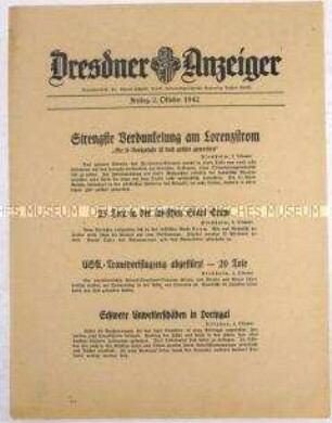 Nachrichtenblatt "Dresdner Anzeiger" u.a. zum U-Boot-Krieg im Atlantik