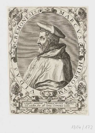 Bildnis Marcus Hieronymus Vidas, aus: Jean-Jaques Boissard, "Icones Qvinqvaginta Virorvm illustrium doctrina & eruditione præstantium ad vivum effictæ, cum eorum vitis, Frankfurt 1597, S. 244
