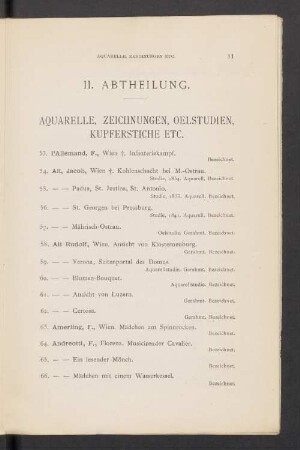 II. Abtheilung. Aquarelle, Zeichnungen, Oelstudien, Kupferstiche etc.