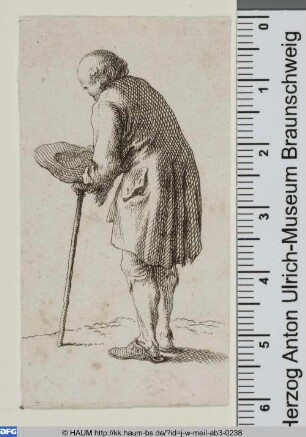 Rückenansicht eines alten Bettlers mit Gehstock und Hut