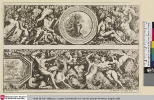 [Zwei Friese, das obere mit einer Kartusche mit Pan und Syrinx; Au milieu de la frise du haut, dans un médaillon, Pan et Syrinx]