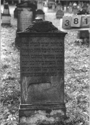 Grabstein 381 (Index: 100106641) Material: Sandstein Zustand: stark verwittert, abblätternd Maße HxBxT: 108x49x11 cm Beschreibung: Stele mit Abdeckplatte, medaillonförmiger Aufsatz mit Blättern umgeben, Sockel Symbolik: Blätter: Grabstein 381