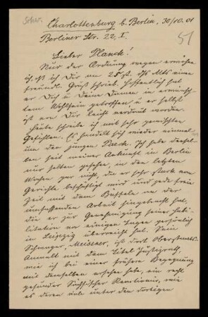 51: Brief von Konrad Schwaegermann an Gottlieb Planck, Charlottenburg (Berlin), 30.10.1901