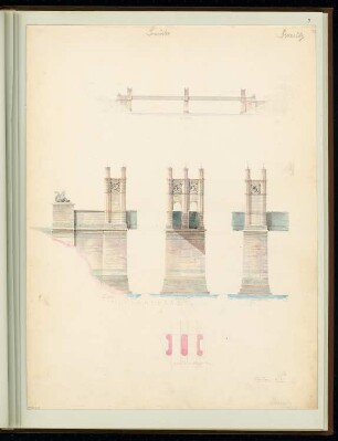 Brücke Monatskonkurrenz September 1849: Grundrissskizze, Gesamtaufriss, Uferpfeiler und Mittelpfeiler im Aufriss; Maßstabsleiste