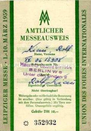 Ausweis zur Leipziger Frühjahrsmesse 1959