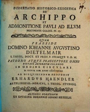 Diss. hist. exeg. de Archippo, et admonitione Pauli ad illum pertinente, Coloss. IV, 17