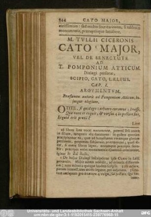 M. Tullii Ciceronis Cato Maior Vel De Senectute Ad T. Pomponium Atticum. Dialogi personae, Scipio, Cato, L. Aelius.