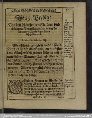 Die 29. Predigt. Von den Schleissenden Kleidern und abfallenden Baumblettern, daran un der Zustand des Menschlichen Lebens beschrieben wird