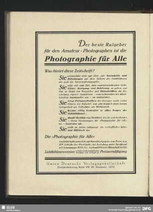 Werbung: Photographie für Alle, Union Deutsche Verlagsgesellschaft, Berlin
