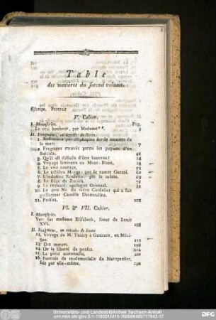 Table des matières du second volume.