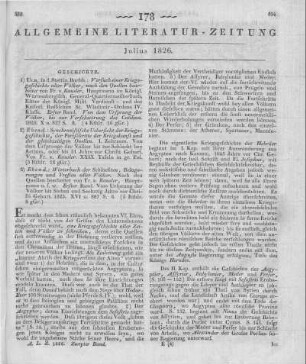 [Sammelrezension dreier geschichtlicher Schriften] Rezensiert werden: 1. Kausler, F. G.: Versuch einer Kriegsgeschichte aller Völker. Bd. 1. Ulm: Stettin 1825 2. Kausler, F. G.: Synchronistische Uebersicht der Kriegsgeschichte, der Fortschritte der Kriegskunst und der gleichzeitigen Quellen. Ulm: Stettin 1825 3. Kausler, F. G.: Wörterbuch der Schlachten, Belagerungen und Treffen aller Völker. Bd. 1. Ulm: Stetttin 1825