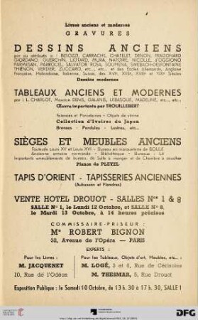 Livres anciens et modernes, gravures : dessins, anciens par ou attribués à: Besozzi, Carrache, Chatelet, Denon ... ; dessins modernes ; tableaux ancient et modernes ... ; vente Hotel Drouot, le lundi 12 octobre [1942]
