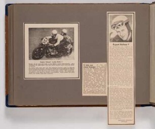 Albumseite mit Zeitungsausschnitten (Nachrufe auf verunglückte Rennsportler) : Fotoalbum zum Rennsport in der DDR ab 1951. Kartoneinband mit Kordelbindung; 24,5 x 35 x 2 cm (1951). Dresden: SLUB/DF 2017.D.39
