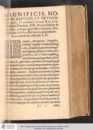 Magnificis, Nobilss. Ampliss. et Prvdentisimis, Florentissimae Reipub. Danscanae Patribus, DD. Proconsulibus & consilibus, totique gravissimo Senatui, Domiis suis debita observantia perpetuum honorandis & colendis S.D.