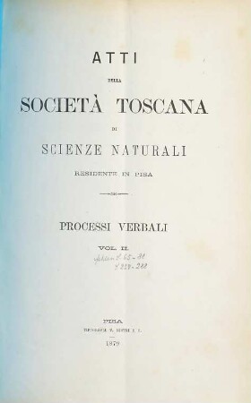 Atti della Società Toscana di Scienze Naturali. Processi verbali. 2. 1879