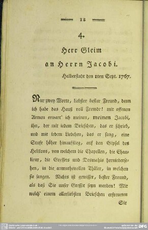 4. Herr Gleim an Herrn Jacobi. Halberstadt den 1ten Sept. 1767