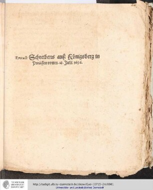 Extract Schreibens auß Königsberg in Preussen vom 11. 21. Julii 1656