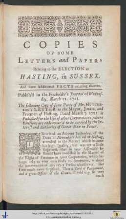 Copies Of Some Letters and Papers Relating to the Election at Hasting, in Sussex.