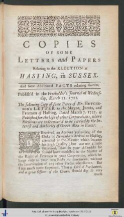 Copies Of Some Letters and Papers Relating to the Election at Hasting, in Sussex.