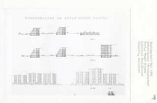 Wohnbebauung [Botanischen Garten], Berlin-Lichterfelde (Diplomarbeit bei Willy Kreuer): Ansicht von Süden und Schnitte 1:200