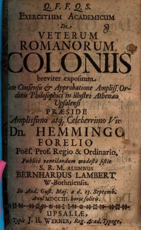 Exercitium acad. de veterum Romanorum coloniis breviter expositum