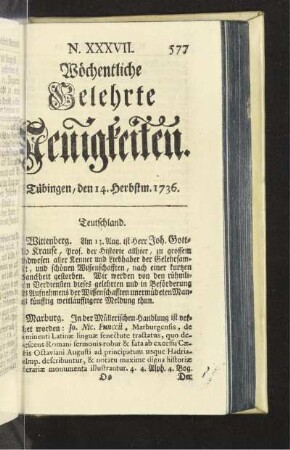 N. XXXVII. Tübingen, den 14. Herbstm. 1736