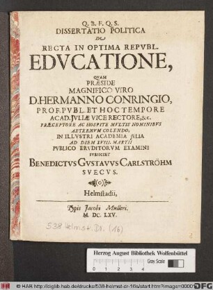Dissertatio Politica De Recta In Optima Republ. Educatione