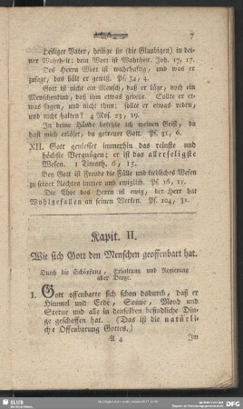 Kapit. II. Wie sich Gott den Menschen geoffenbart hat. Durch die Schöpfung, Erhaltung und Regierung aller Dinge
