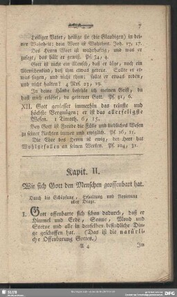 Kapit. II. Wie sich Gott den Menschen geoffenbart hat. Durch die Schöpfung, Erhaltung und Regierung aller Dinge