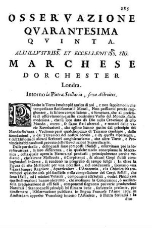 Osservazione Quarantesima Quinta all'Illustriss. et Eccelless. Sig. Marchese Dorchester Londra ...