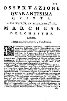 Osservazione Quarantesima Quinta all'Illustriss. et Eccelless. Sig. Marchese Dorchester Londra ...