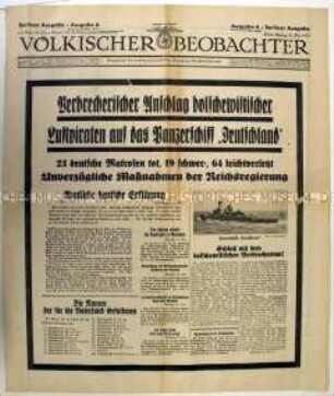 Tageszeitung "Völkischer Beobachter" u.a. über die Bombardierung eines deutschen Kriegsschiffes vor der spanischen Küste