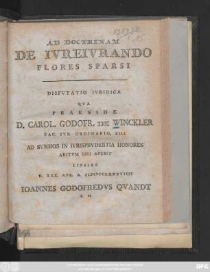 Ad Doctrinam De Ivreivrando Flores Sparsi : Disputatio Ivridica