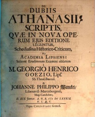 De dubiis Athanasii scriptis, quae in nova operam eius editione leguntur, schediasma historico-criticum