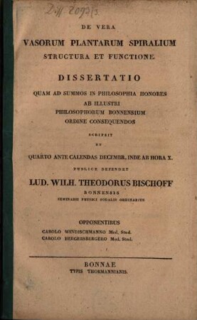 De vera vasorum plantarum spiralium structura et functione : Dissertatio