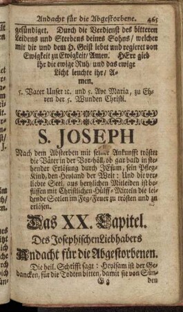 S. Joseph [...]. Das XX. Capitel. Des JosephischenLiebhabers Andacht für die Abgestorbenen.
