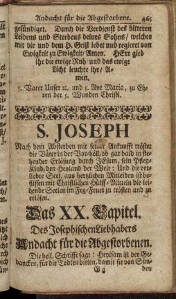 S. Joseph [...]. Das XX. Capitel. Des JosephischenLiebhabers Andacht für die Abgestorbenen.