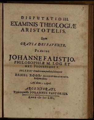 Disputatio III. Examinis Theologiae Aristotelis