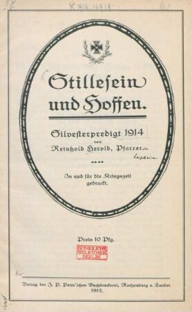 Stillesein und Hoffen : Silvesterpredigt 1914