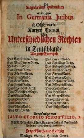 De Singularibus quibusdam & antiquis In Germania Iuribus & Observatis = Kurtzer Tractat Von Unterschiedlichen Rechten in Teutschland ...