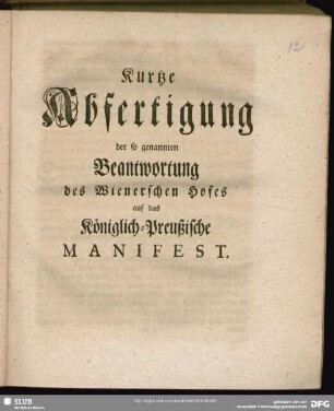 Kurtze Abfertigung der so genannten Beantwortung des Wienerschen Hofes auf das Königlich-Preußische Manifest