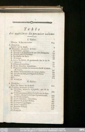 Table des matières du premier volume.