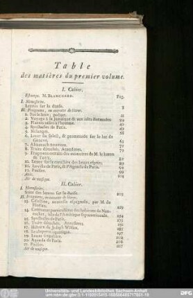 Table des matières du premier volume.