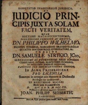 Disputatio Inauguralis Juridica, De Judicio Principis Juxta Solam Facti Veritatem