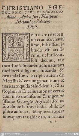 CHRISTIANO EGENOLPHO CIVI FRANCOFORDIANO, Amico suo, Philippus Menthon Salutem Dicit.